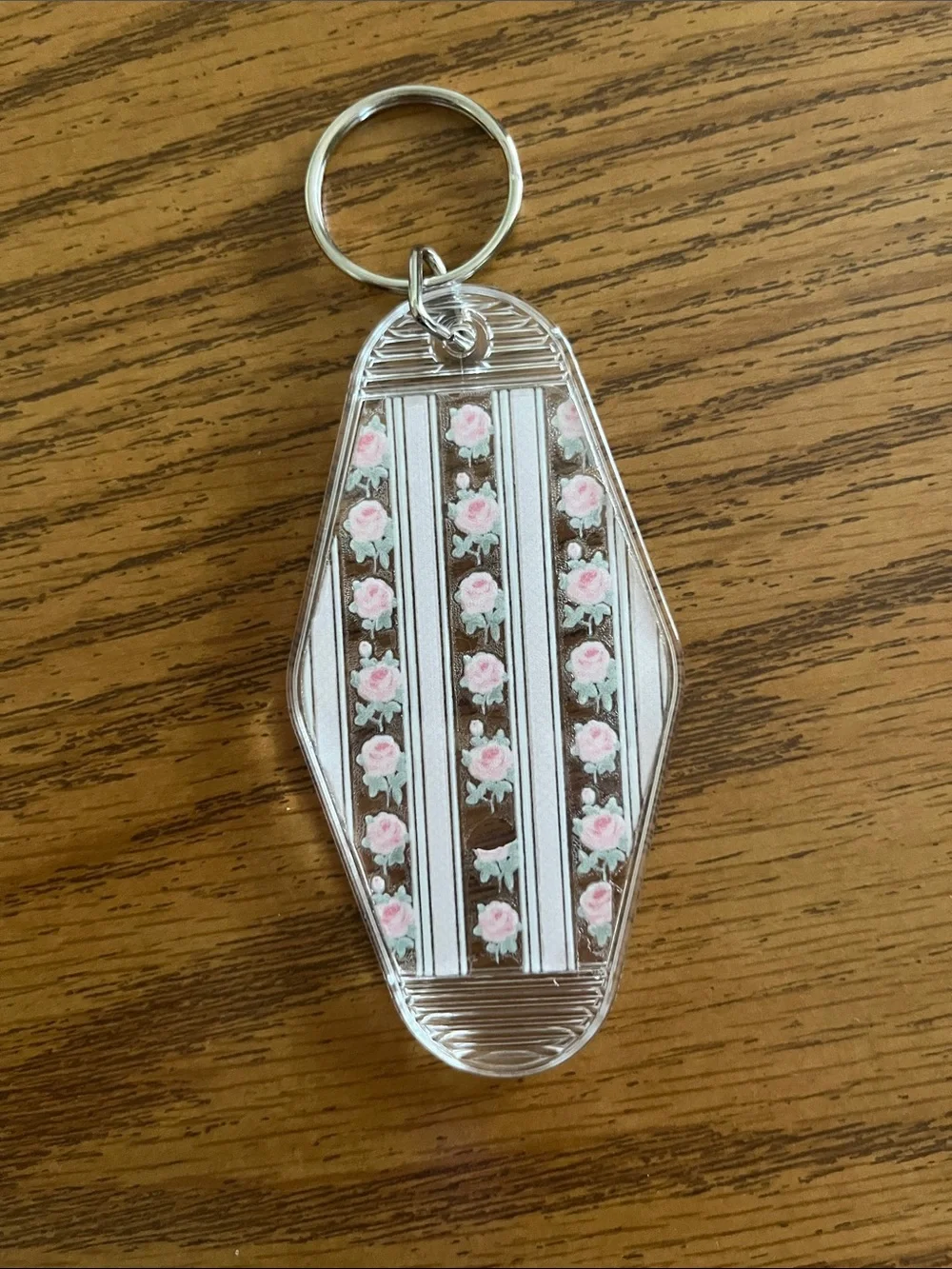 Flower Stripe Acrylic Keychain - Pink Roses- NWOT
